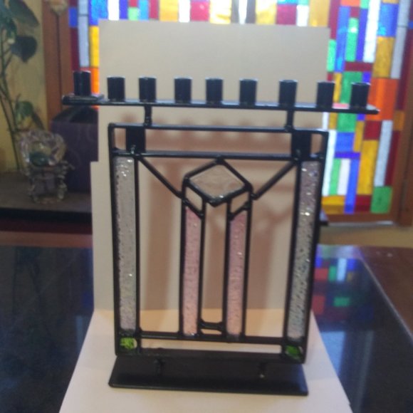 Unique handmade rustic hanukiah metal and stained glass Judaic candelabra - Picture 3 of 16
